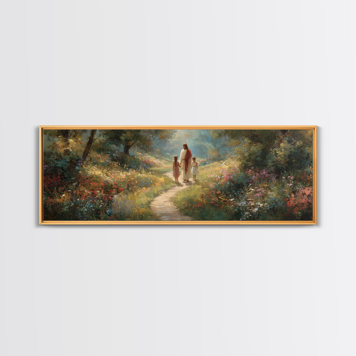 Sunlit Garden Peace – Framed Canvas Print – Panoramic Art – Jesus Painting – Christian Wall Art – Christian Art Print