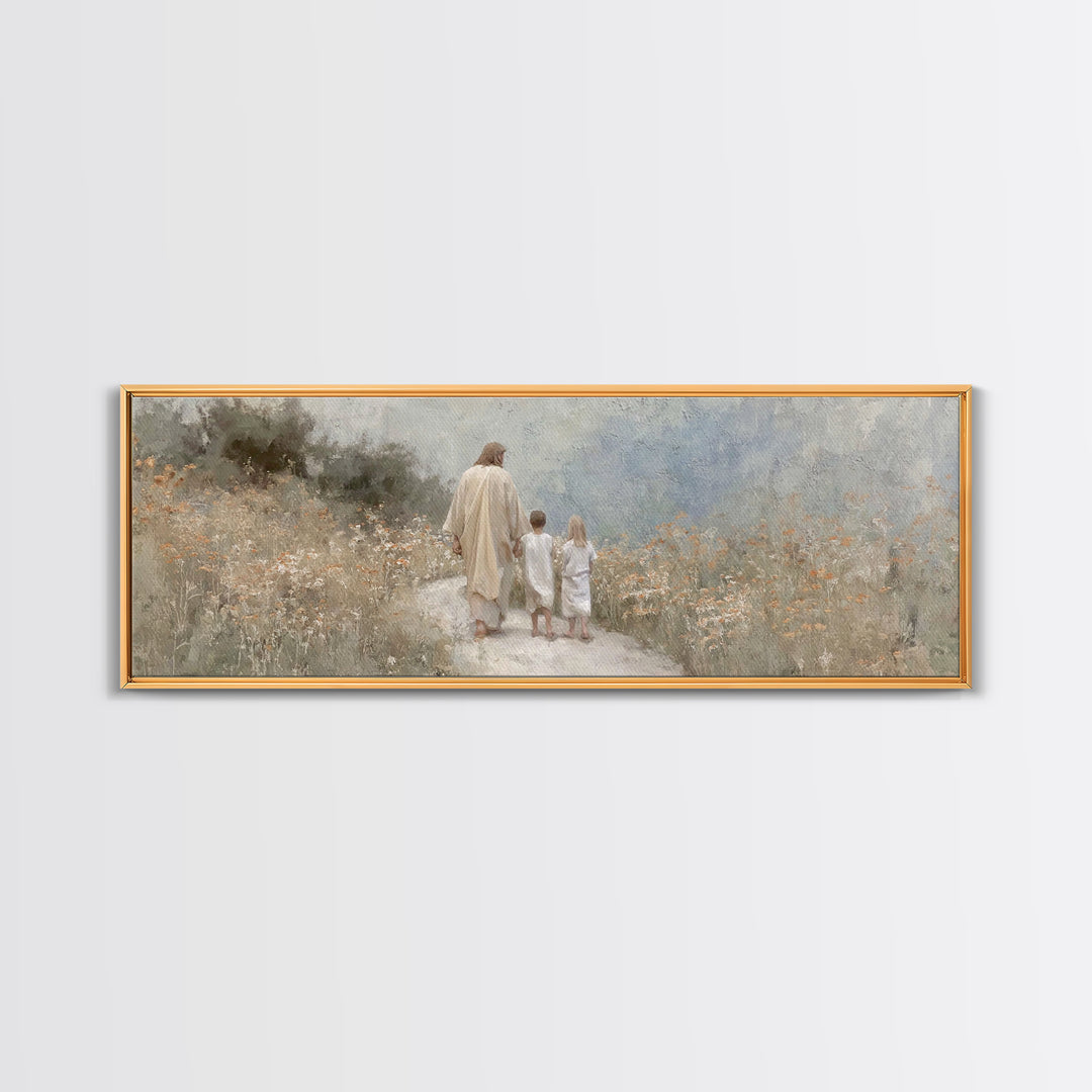 Quiet Meadow Journey, Framed Canvas Print, Panoramic Wall Art, Christian Art Print, Jesus Painting, Christian Art