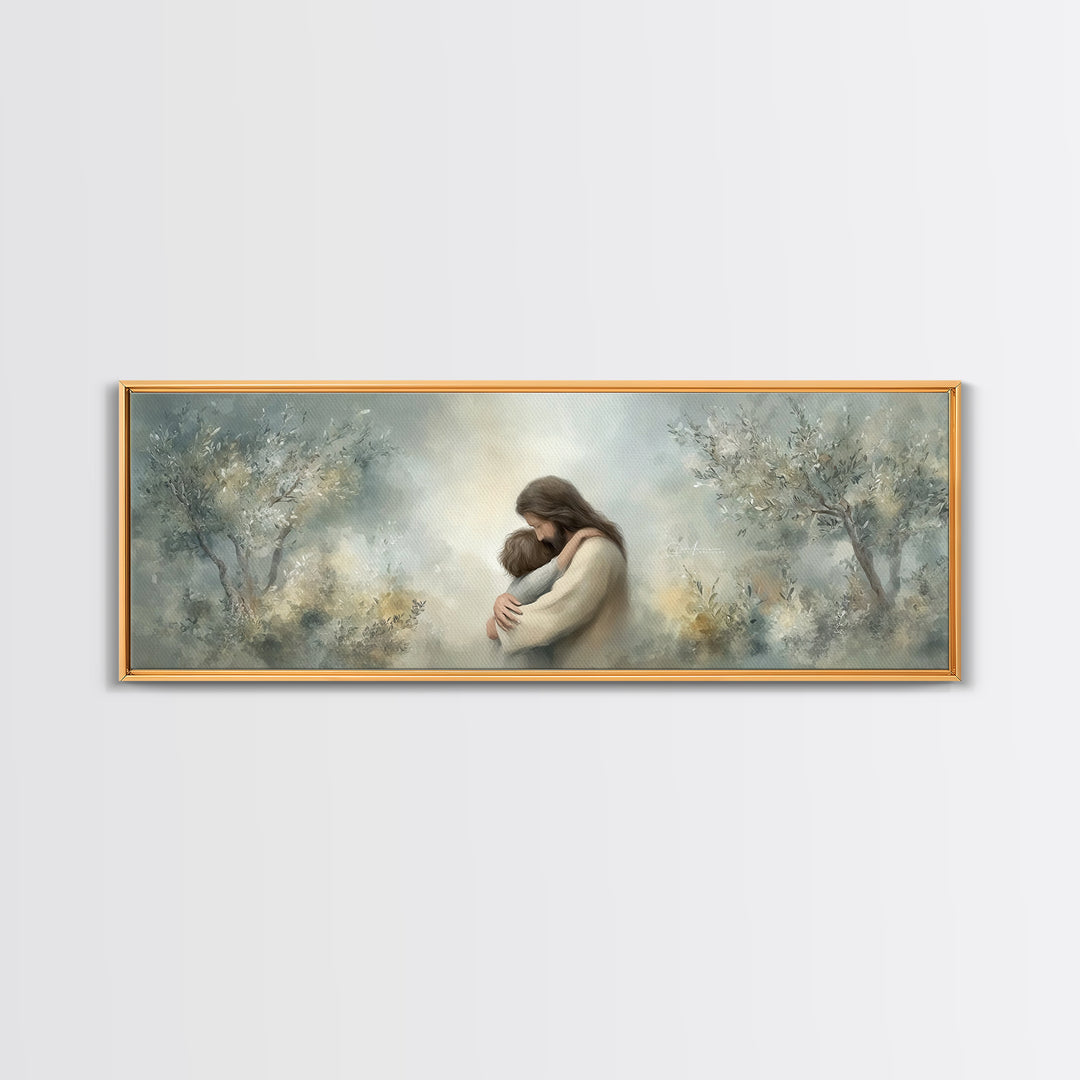 Olive Grove Calm | Framed Canvas Print | Christian Art Canvas | Jesus Painting | Panoramic Art | Christian Wall Art | Christian Gift Ideas