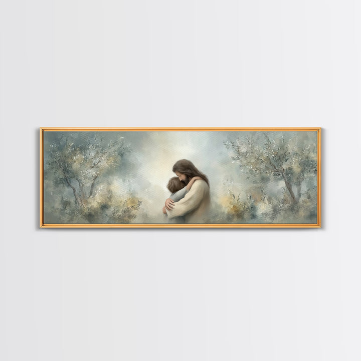 Olive Grove Calm | Framed Canvas Print | Christian Art Canvas | Jesus Painting | Panoramic Art | Christian Wall Art | Christian Gift Ideas