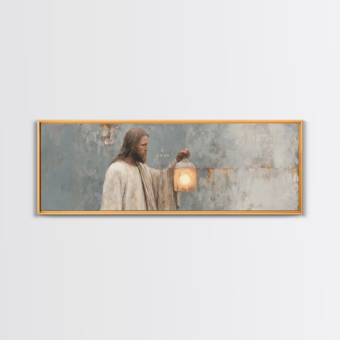 Guiding Lantern Light – Framed Canvas Print – Panoramic Art – Christian Wall Art – Jesus Painting – Christian Art Canvas – Christian Decor