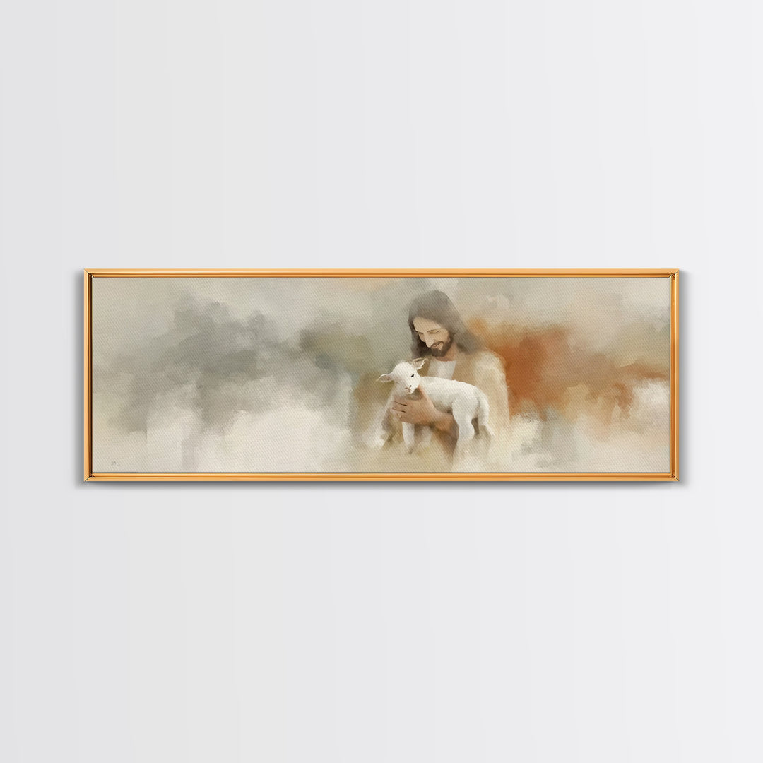 Lamb Of Comfort | Framed Canvas Print | Panoramic Painting | Christian Art Canvas | Jesus Painting | Christian Wall Art | Christian Gift