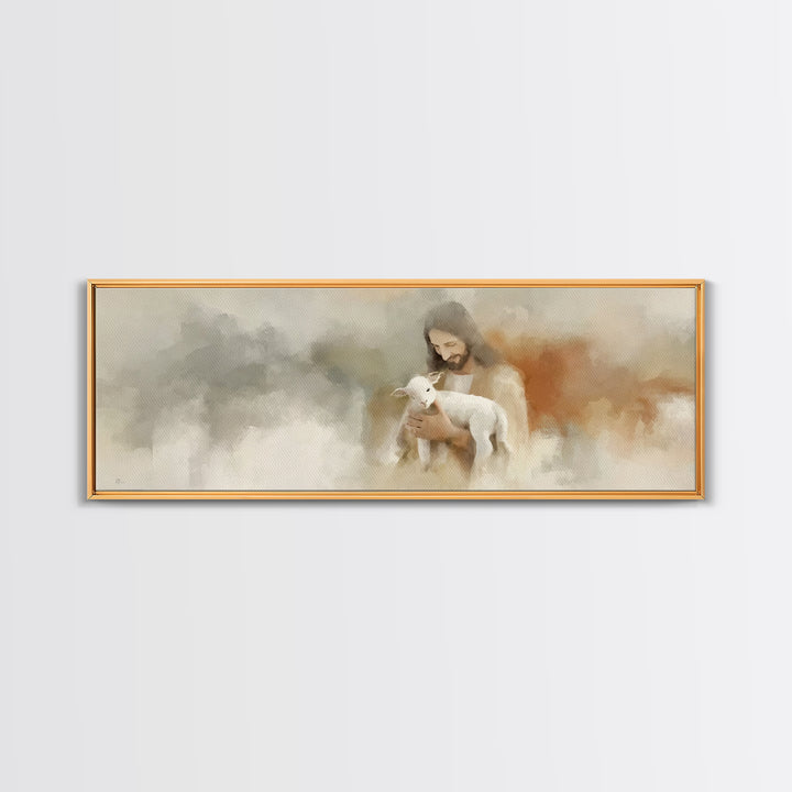 Lamb Of Comfort | Framed Canvas Print | Panoramic Painting | Christian Art Canvas | Jesus Painting | Christian Wall Art | Christian Gift