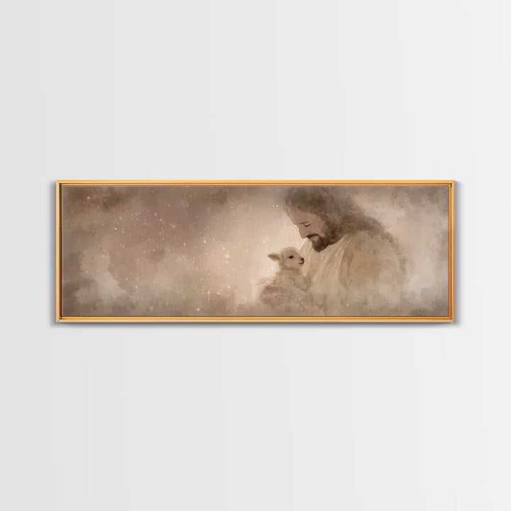 Blessed Night Lamb | Framed Canvas Print | Panoramic Art | Christian Art Print | Jesus Painting Canvas | Christian Wall Art | Christian Dec