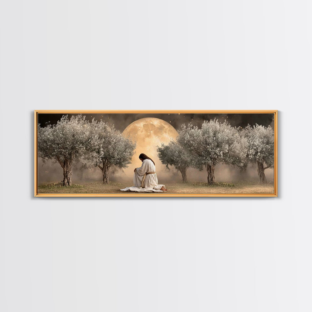 Garden Of Prayer, Framed Canvas Print, Christian Art, Jesus Painting, Panoramic Art, Christian Decor, Christian Gift, Large Christian Art,