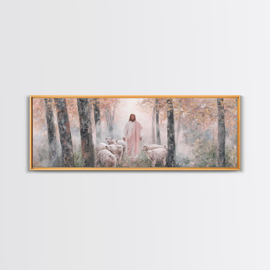 Mist Of The Flock, Framed Canvas Print, Christian Art, Jesus Painting, Panoramic Art, Christian Decor, Christian Gift, Large Christian Art,