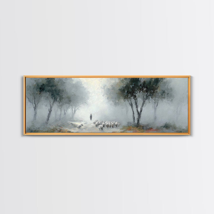 Morning Shepherd Calm – Framed Canvas Print – Panoramic Print – Christian Art Work – Christian Christmas Art – Jesus Painting – Christian D