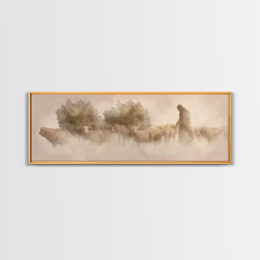 Shepherd Of Dawn | Framed Canvas Print | Panoramic Frame | Christian Art Canvas | Jesus Wall Art | Christmas Art | Christian Gift Ideas