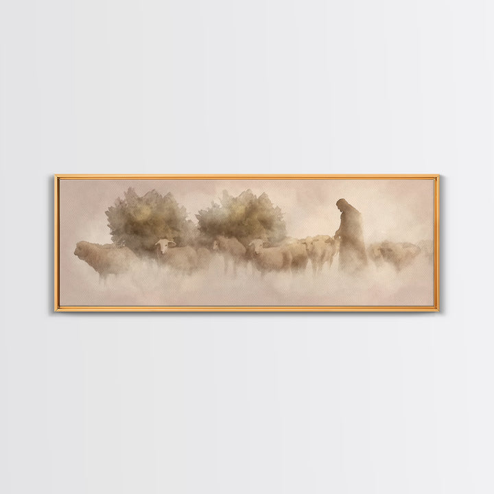 Shepherd Of Dawn | Framed Canvas Print | Panoramic Frame | Christian Art Canvas | Jesus Wall Art | Christmas Art | Christian Gift Ideas