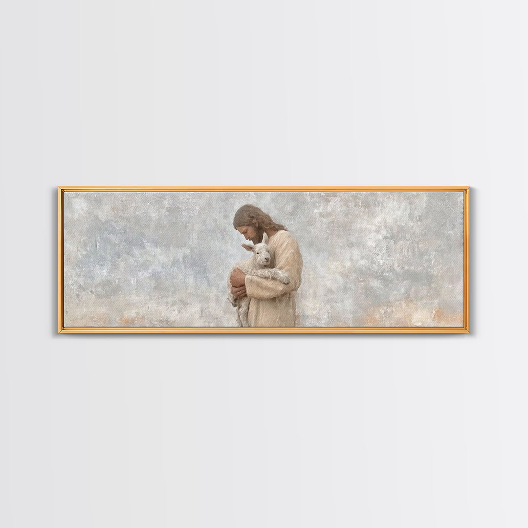 Lamb Of Comfort – Framed Canvas Print – Panoramic Wall Art – Jesus Christmas Art – Christian Art Print – Christmas Canvas Wall Art – Christ
