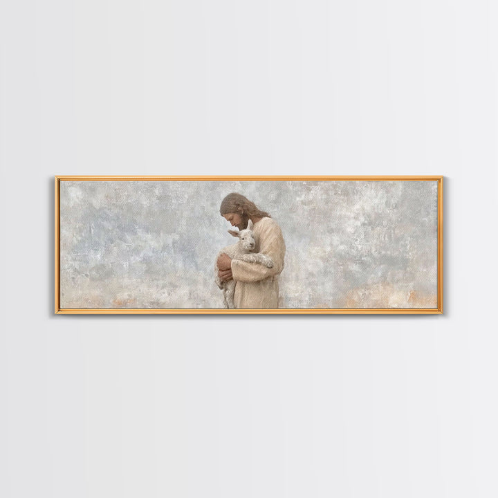 Lamb Of Comfort – Framed Canvas Print – Panoramic Wall Art – Jesus Christmas Art – Christian Art Print – Christmas Canvas Wall Art – Christ