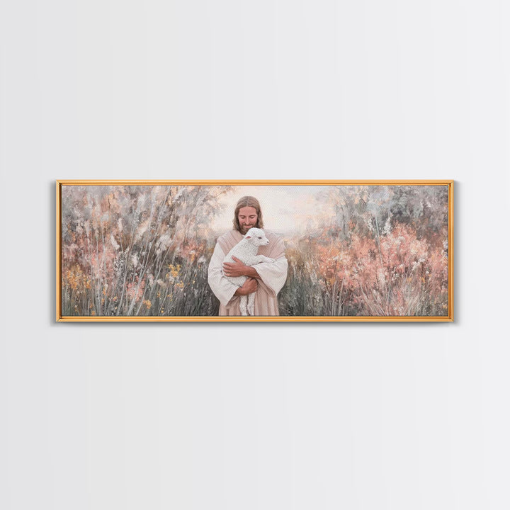 Compassionate Shepherd, Framed Canvas Print, Panoramic Print, Jesus Canvas Art, Christian Wall Art, Christmas Art Prints, Modern Christian
