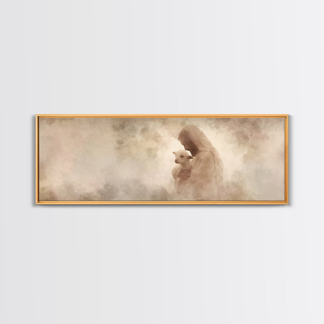 Tender Shepherd Love | Framed Canvas Print | Panoramic Wall Art | Jesus Painting | Christian Art Print | Christian Christmas Art | Modern C