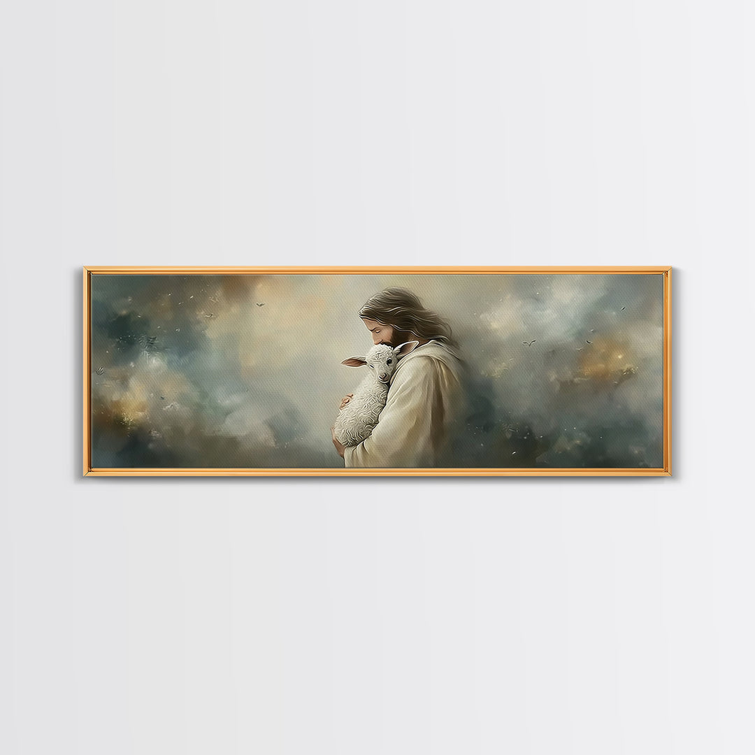 Heaven’s Gentle Care, Framed Canvas Print, Panoramic Painting, Jesus Canvas Art, Christian Wall Art, Christmas Art Prints, Subtle Christian