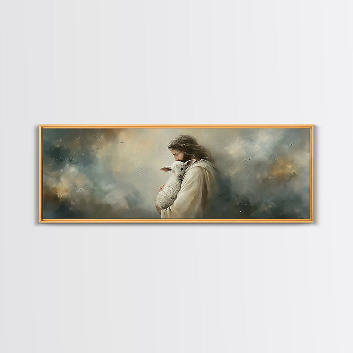 Heaven’s Gentle Care, Framed Canvas Print, Panoramic Painting, Jesus Canvas Art, Christian Wall Art, Christmas Art Prints, Subtle Christian