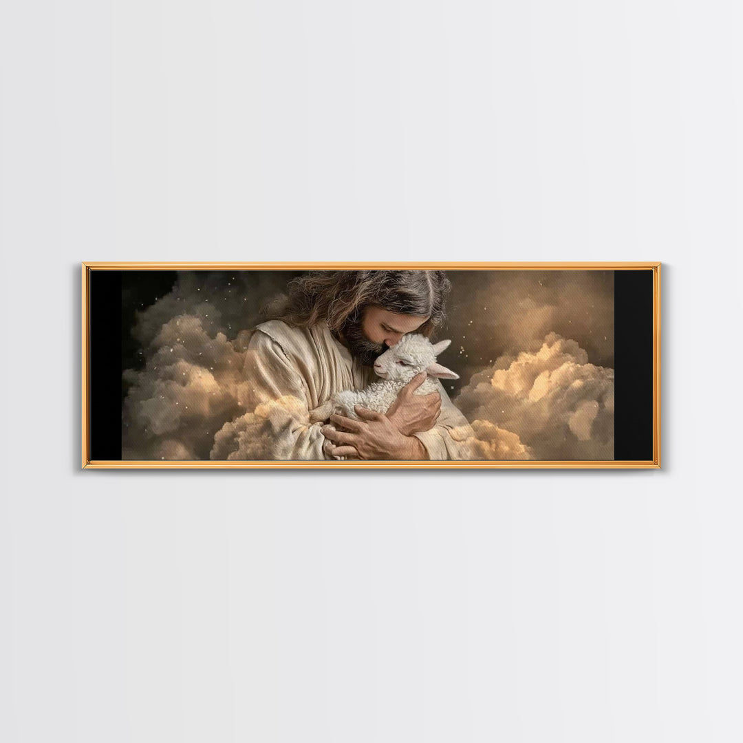 Sacred Lamb Embrace – Framed Canvas Print – Panoramic Frame – Christian Art Canvas – Jesus Wall Art – Christmas Art Work – Christian Gift I