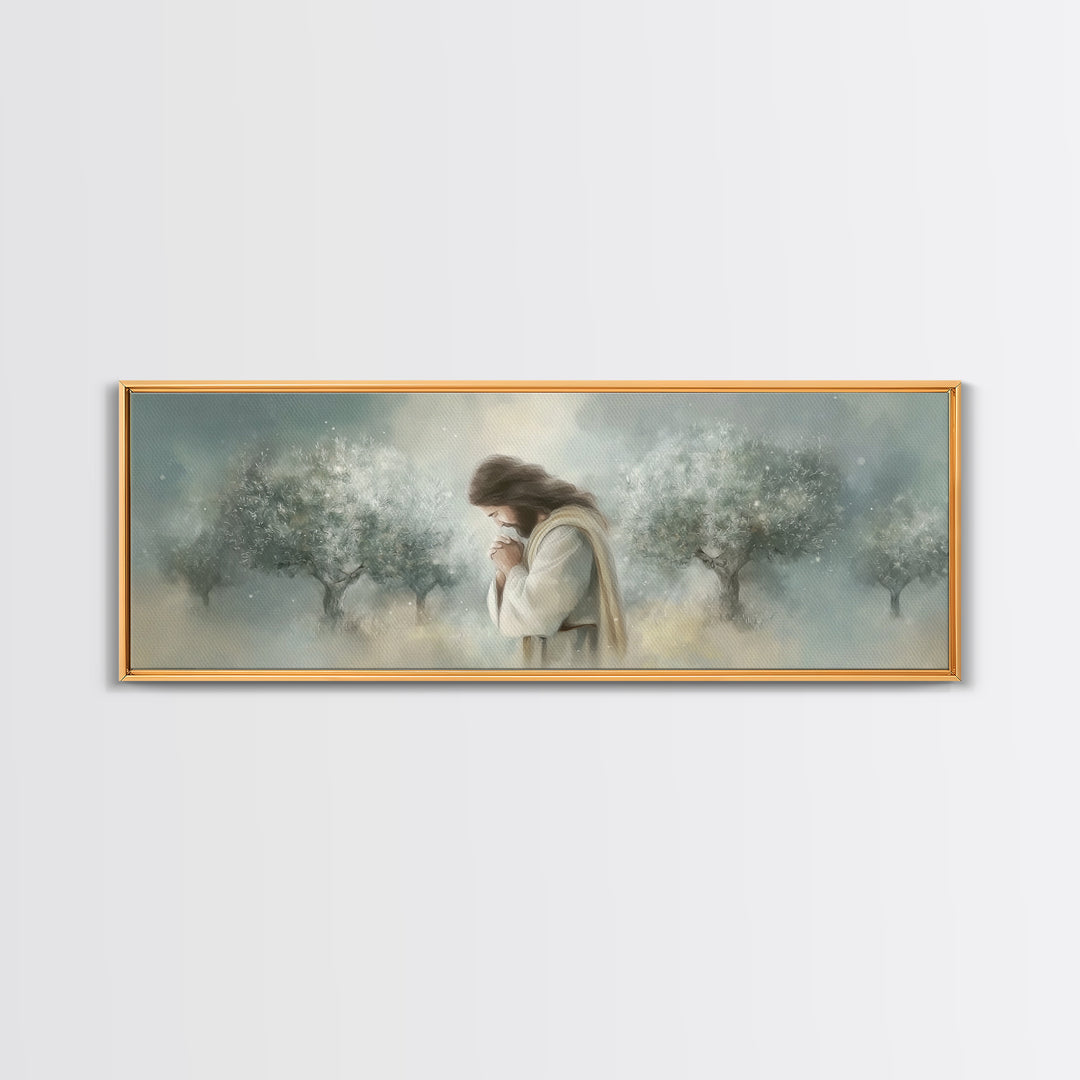 Olive Grove Prayer – Framed Canvas Print – Panoramic Painting – Christian Art Canvas – Jesus Painting – Christmas Wall Art – Subtle Christi