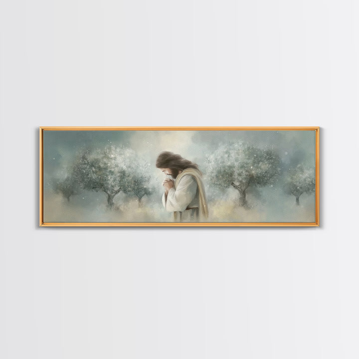 Olive Grove Prayer – Framed Canvas Print – Panoramic Painting – Christian Art Canvas – Jesus Painting – Christmas Wall Art – Subtle Christi