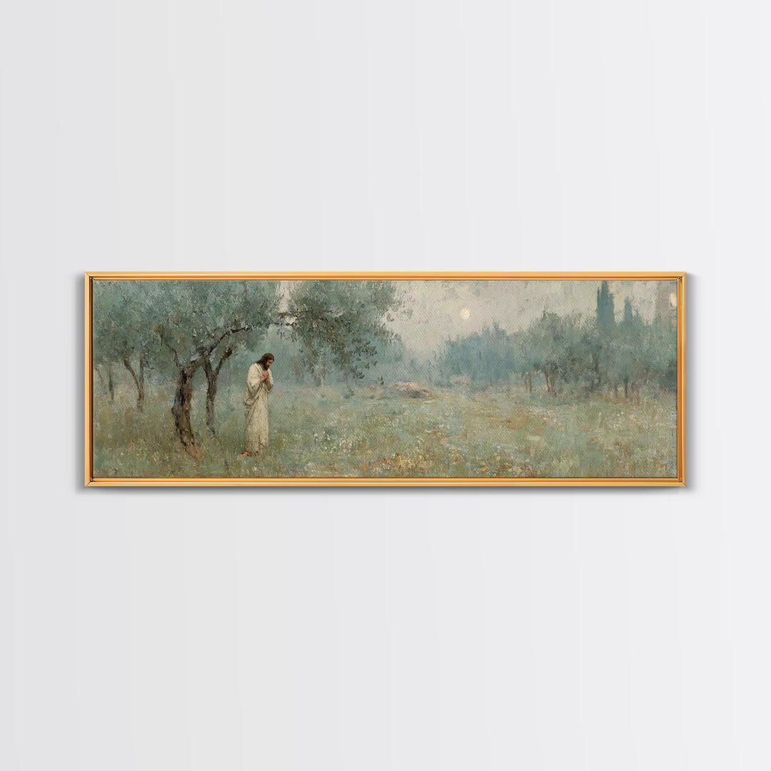 Olive Grove Prayer, Framed Canvas Print, Panoramic Wall Art, Christian Art Canvas, Jesus Painting, Christian Wall Art, Christian Christmas