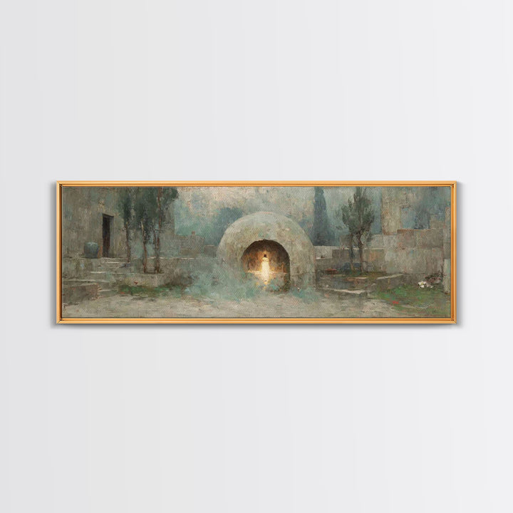 Silent Tombstone Glow, Framed Canvas Print, Panoramic Frame, Christian Art Canvas, Christian Painting, Jesus Wall Art, Christian Christmas