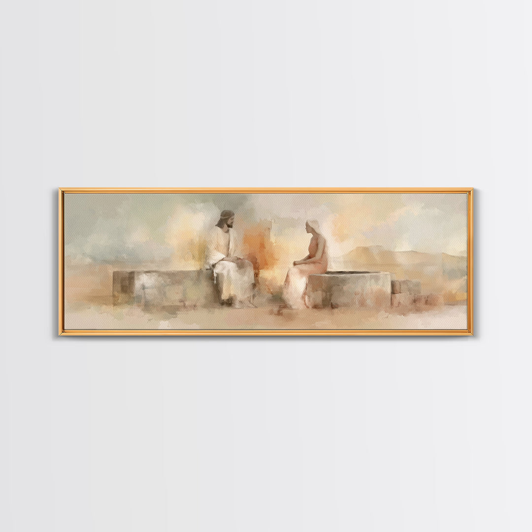 Living Water Meeting | Framed Canvas Print | Panoramic Wall Art | Christian Art Canvas | Christian Painting | Jesus Art Print | Christian D