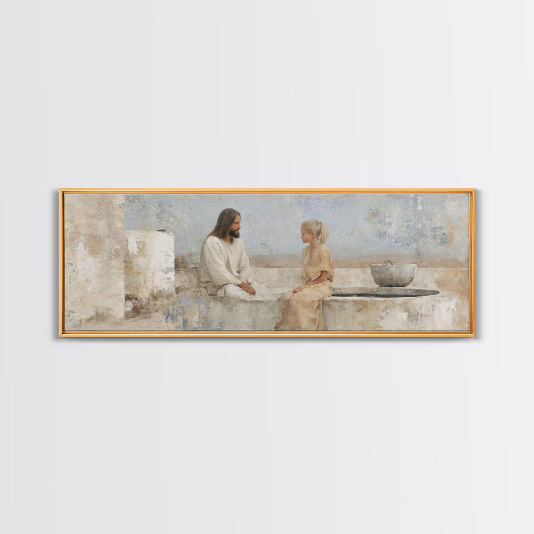 Quiet Well Encounter | Framed Canvas Print | Christian Art Canvas | Jesus Painting | Panoramic Painting | Christian Wall Art | Christian Gi