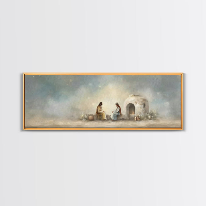 Morning At The Well, Framed Canvas Print, Christian Wall Art, Panoramic Art, Jesus Painting, Christian Decor, Christian Art Print