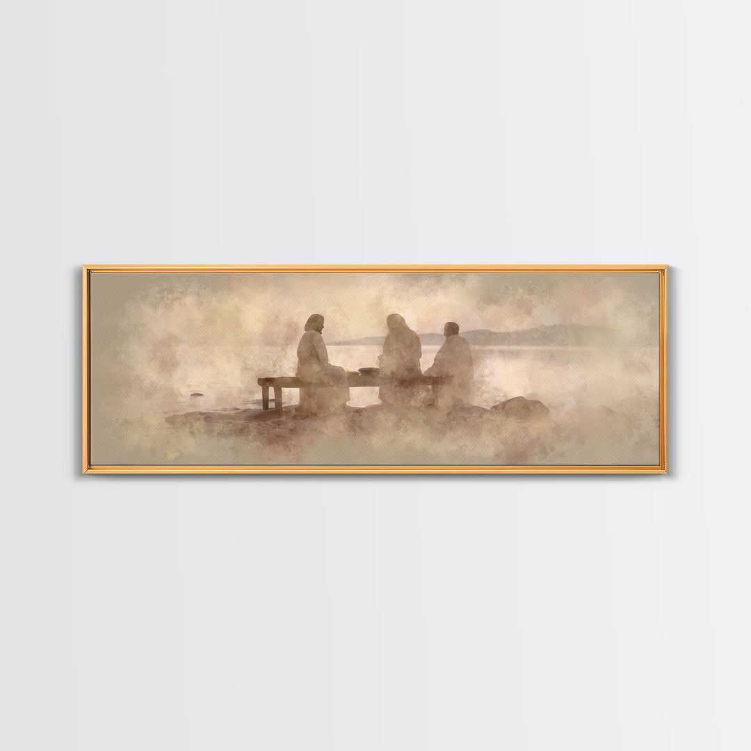 Shoreline Communion, Framed Canvas Print, Christian Wall Art, Christian Art Canvas, Panoramic Art, Jesus Painting, Christian Gift