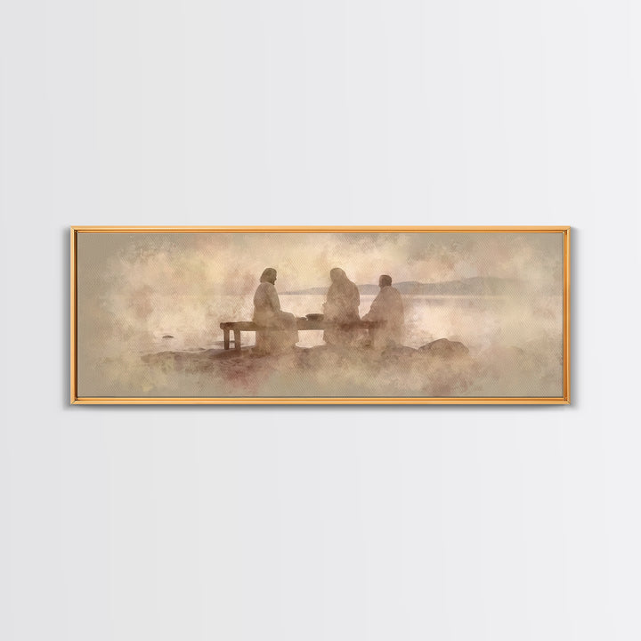Shoreline Communion, Framed Canvas Print, Christian Wall Art, Christian Art Canvas, Panoramic Art, Jesus Painting, Christian Gift