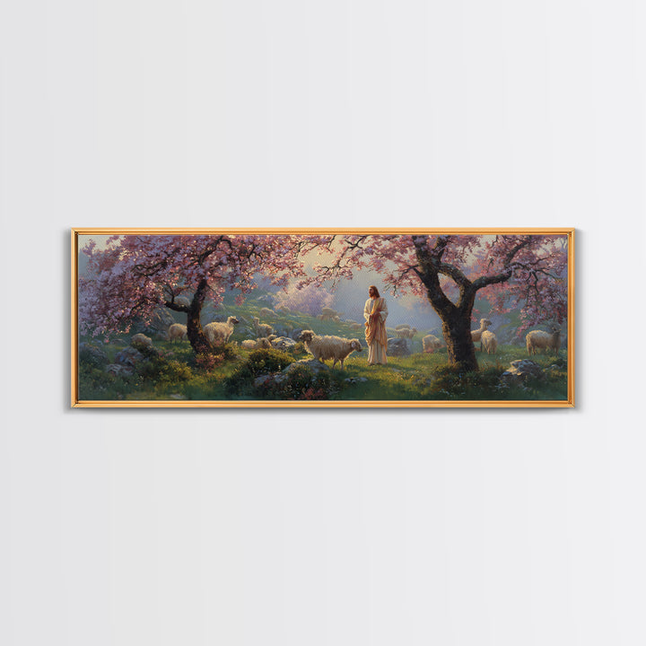 Shepherd Blossom Light, Framed Canvas Print, Panoramic Wall Art, Christian Art Canvas, Jesus Painting, Christian Art, Christian Gift