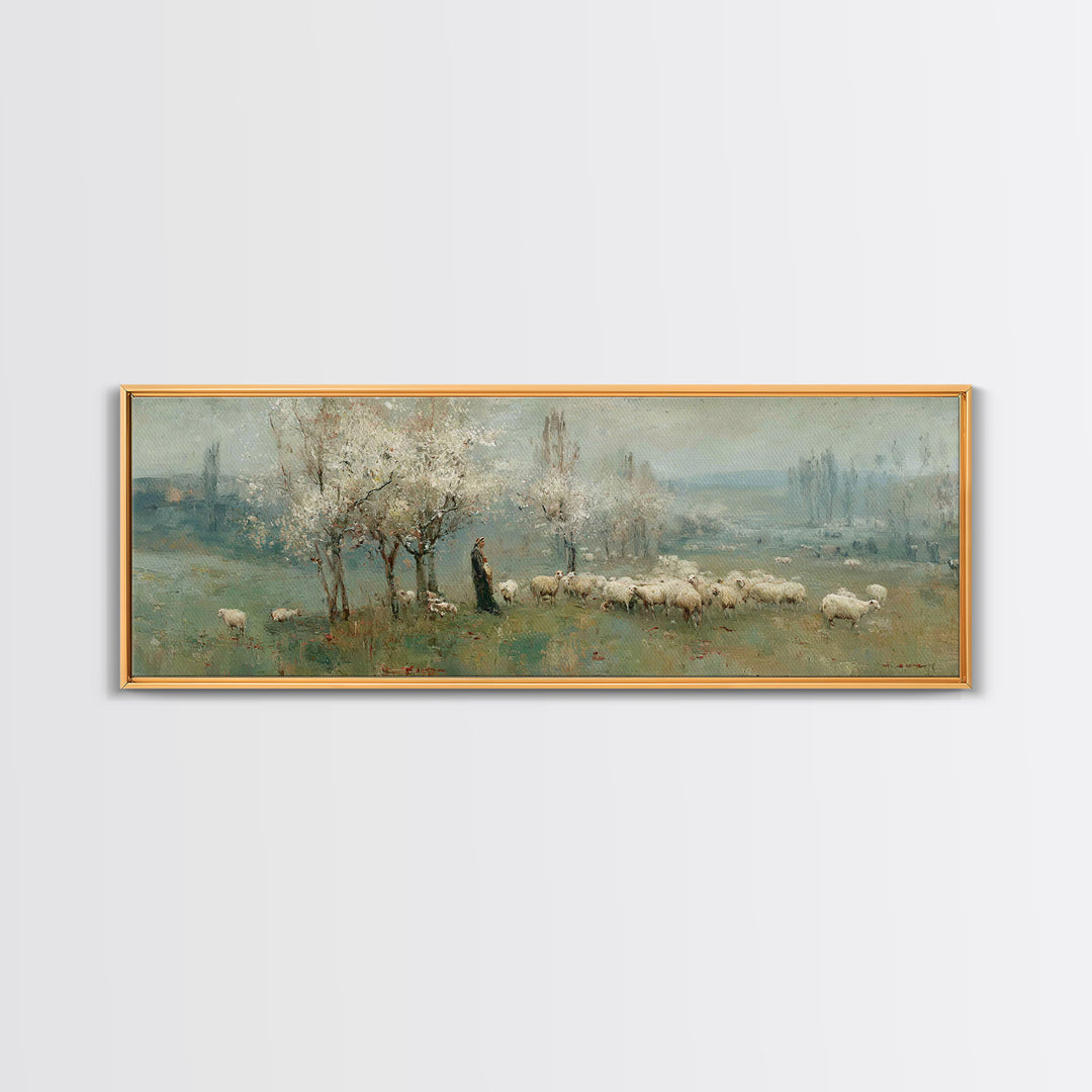 Spring Pasture Peace – Framed Canvas Print – Christian Wall Art – Panoramic Art – Christian Art Canvas – Jesus Painting – Christian Decor