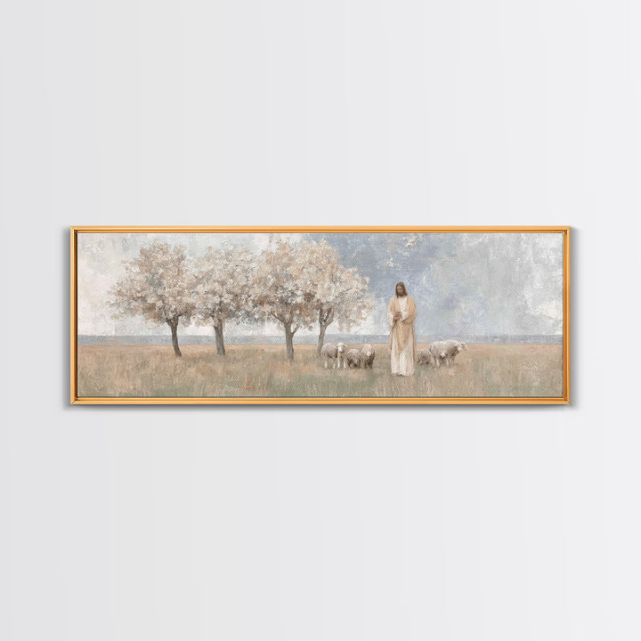 Gentle Meadow Guide | Framed Canvas Print | Christian Art Canvas | Panoramic Frame | Christian Wall Art | Jesus Painting | Christian Gift