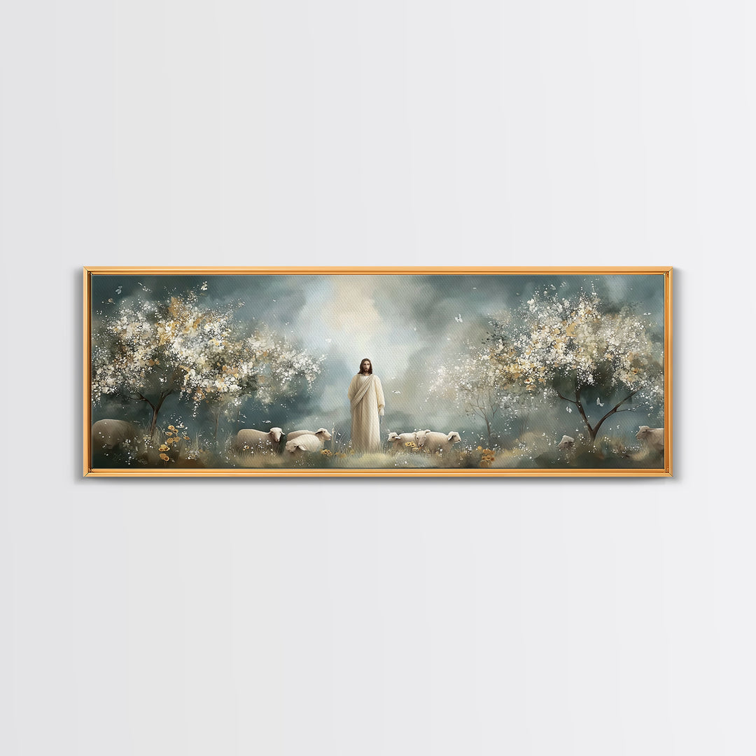 Heavenly Pasture Bloom – Framed Canvas Print – Panoramic Art – Christian Wall Art – Christian Art Canvas – Jesus Painting – Christian Gift