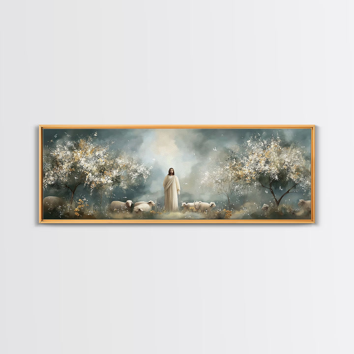 Heavenly Pasture Bloom – Framed Canvas Print – Panoramic Art – Christian Wall Art – Christian Art Canvas – Jesus Painting – Christian Gift
