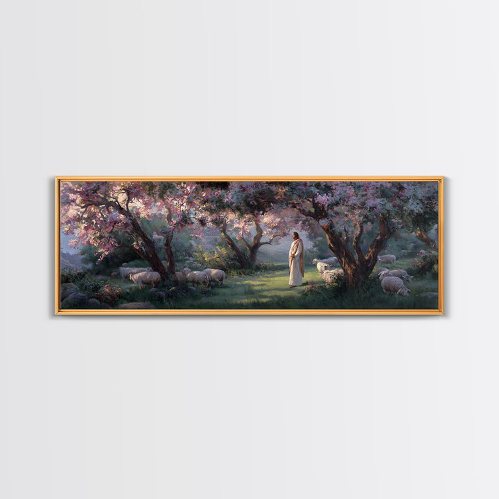 Garden Of The Shepherd, Framed Canvas Print, Panoramic Art, Christian Wall Art, Christian Art Canvas, Jesus Painting, Christian Gift
