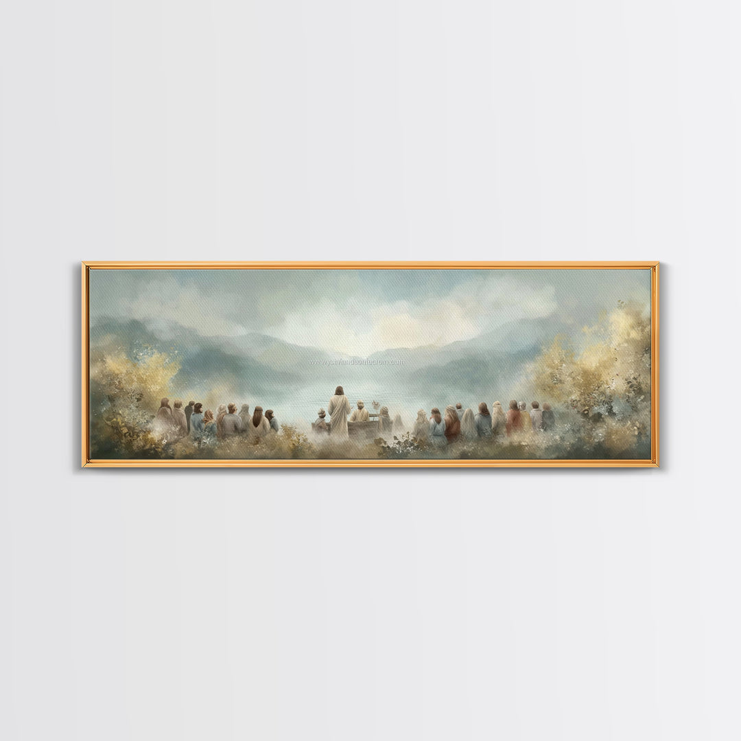 Sacred Shore Harmony | Framed Canvas Print | Christian Art Canvas | Panoramic Frame | Jesus Painting | Christian Decor | Christmas Wall Art