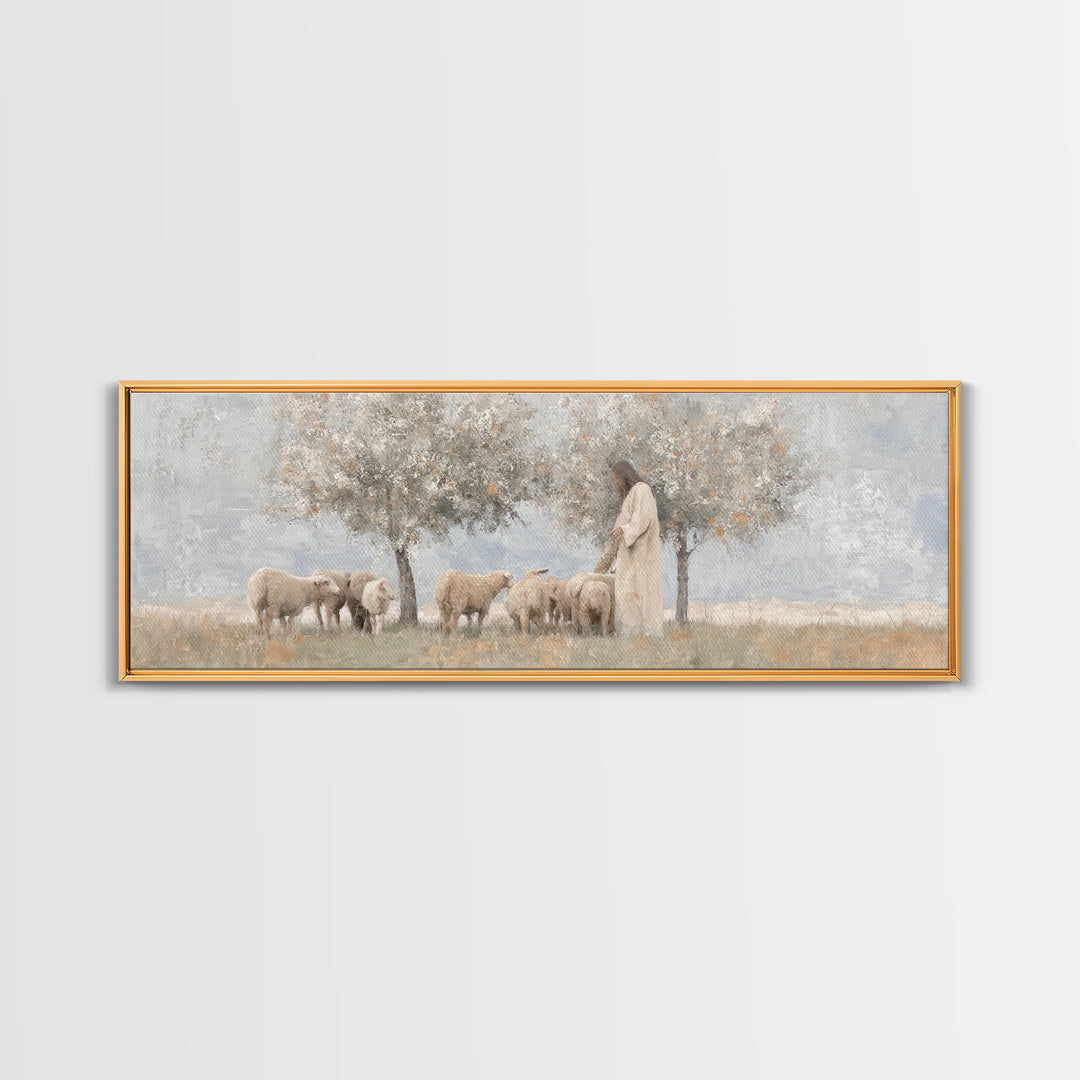 Olive Grove Shepherd, Framed Canvas Print, Panoramic Wall Art, Christian Art Canvas, Jesus Painting, Christian Decor, Christian Art