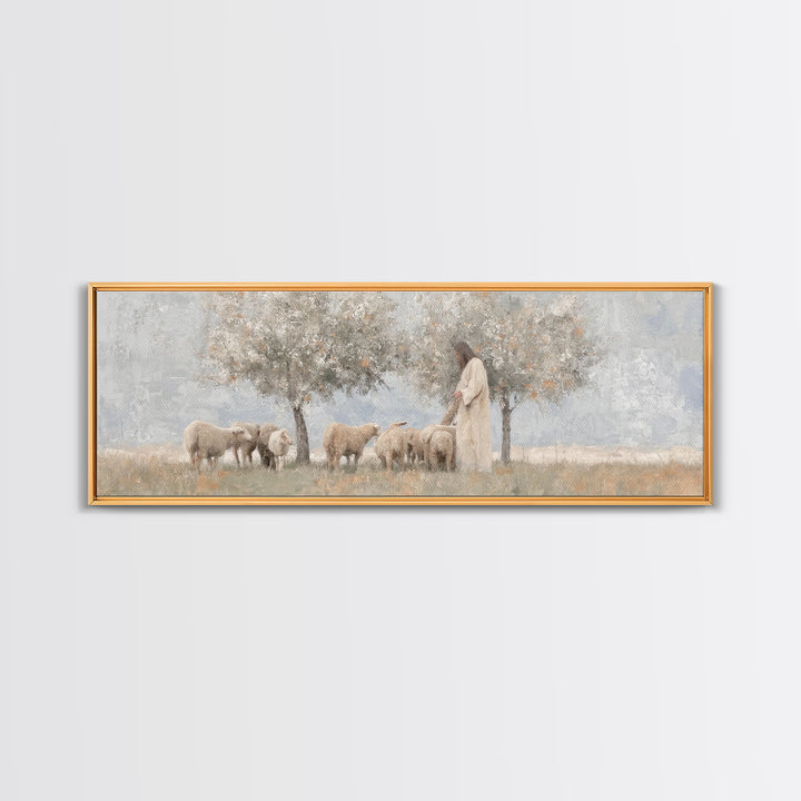 Olive Grove Shepherd, Framed Canvas Print, Panoramic Wall Art, Christian Art Canvas, Jesus Painting, Christian Decor, Christian Art