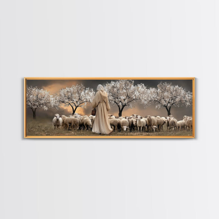 Twilight Shepherd Path – Framed Canvas Print – Panoramic Wall Art – Jesus Art Print – Christian Art Canvas – Christian Decor – Modern Chris