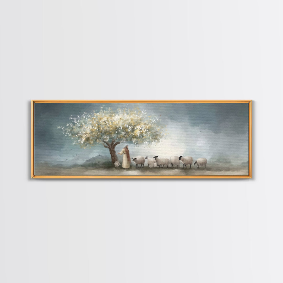 Golden Pasture Calm, Framed Canvas Print, Panoramic Art, Christian Art Print, Jesus Painting Canvas, Christian Christmas Art, Christian Dec