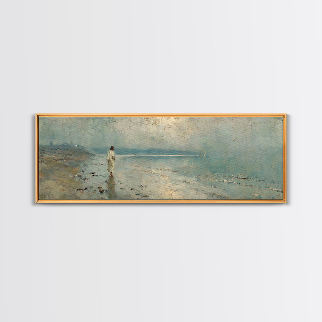 Shoreline Of Mercy, Framed Canvas Print, Christian Wall Art, Jesus Painting, Panoramic Wall Art, Christian Art Canvas, Christmas Art