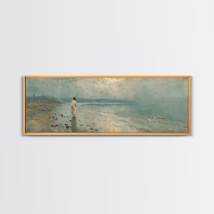 Shoreline Of Mercy, Framed Canvas Print, Christian Wall Art, Jesus Painting, Panoramic Wall Art, Christian Art Canvas, Christmas Art