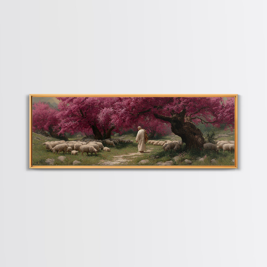 Crimson Shepherd Path – Framed Canvas Print – Panoramic Frame – Jesus Painting – Christian Art Canvas – Christian Wall Art – Christmas Art