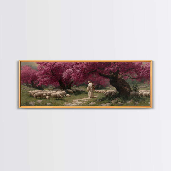 Crimson Shepherd Path – Framed Canvas Print – Panoramic Frame – Jesus Painting – Christian Art Canvas – Christian Wall Art – Christmas Art