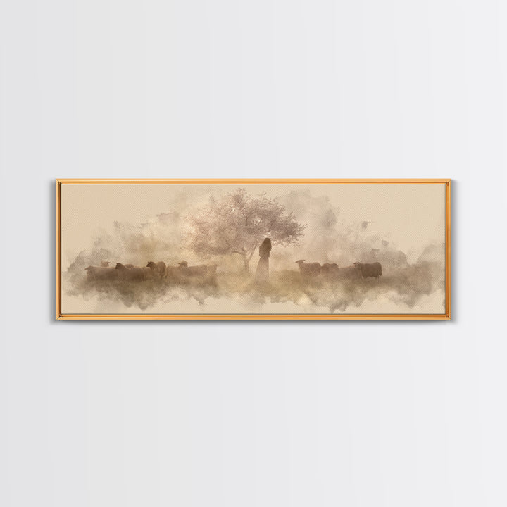 Shepherd’s Quiet Bloom, Framed Canvas Print, Panoramic Print, Christian Wall Art, Jesus Painting, Christian Art Canvas, Christmas Art