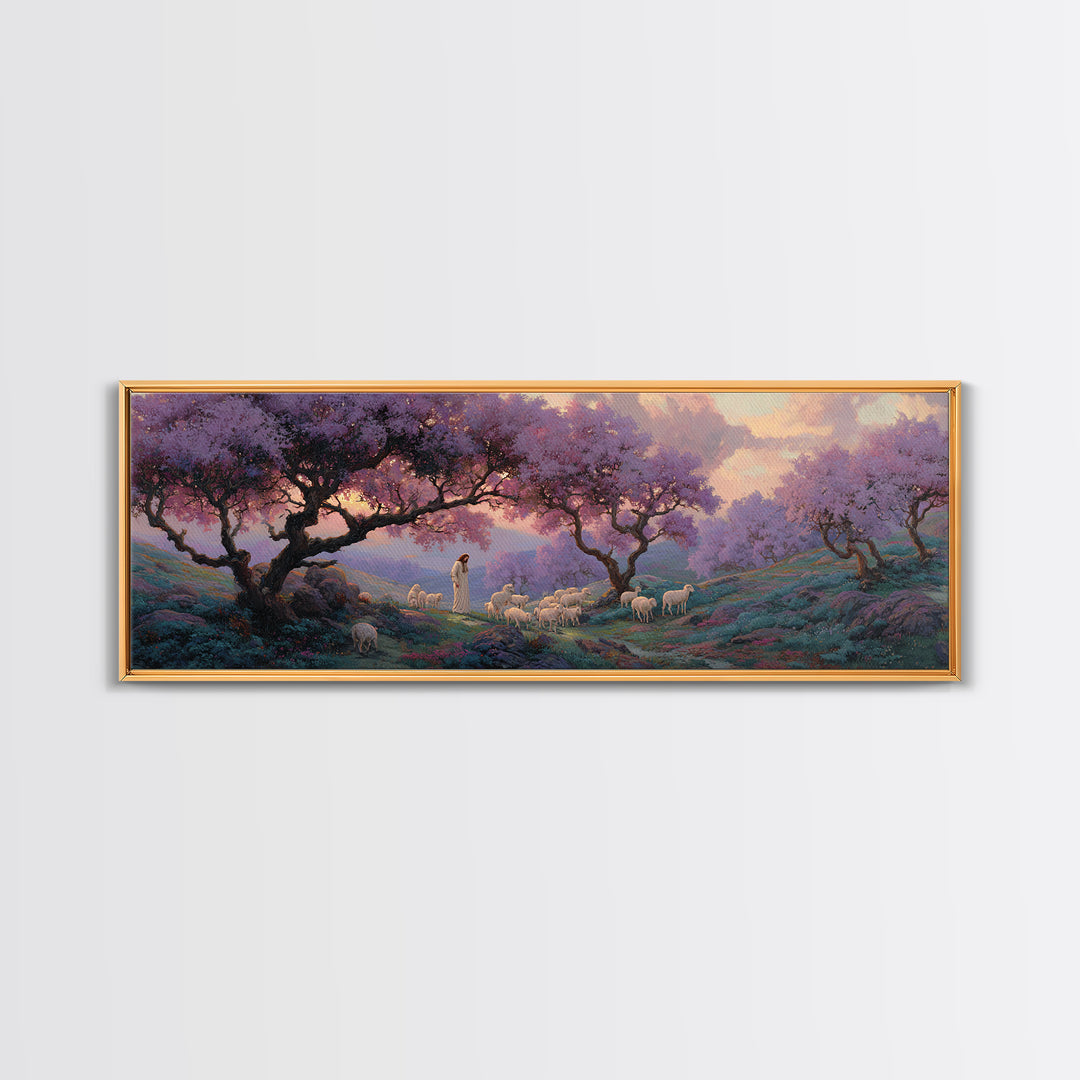 Lavender Hill Shepherd – Framed Canvas Print – Panoramic Painting – Christian Art Canvas – Jesus Painting – Christian Wall Art – Christmas
