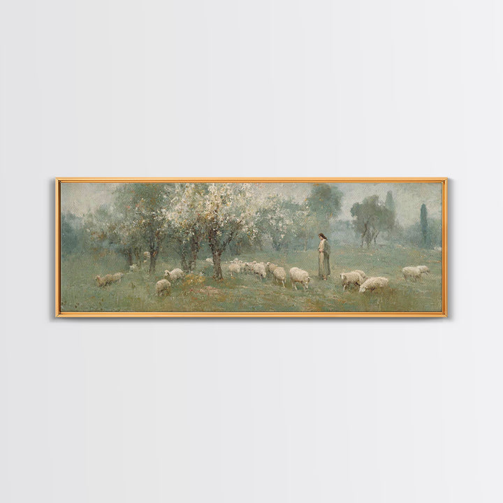 Shepherd’s Meadow Peace – Framed Canvas Print – Panoramic Art – Christian Art Canvas – Jesus Painting – Christian Wall Art – Christmas Art