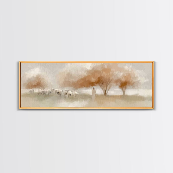 The Peaceful Shepherd, Framed Canvas Print, Christian Wall Art, Jesus Painting, Panoramic Art, Christian Art Canvas, Christmas Art