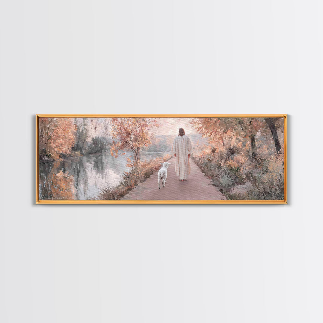 Autumn Path Mercy | Framed Canvas Print | Christian Art Print | Jesus Painting | Panoramic Painting | Christian Christmas Art | Christian D