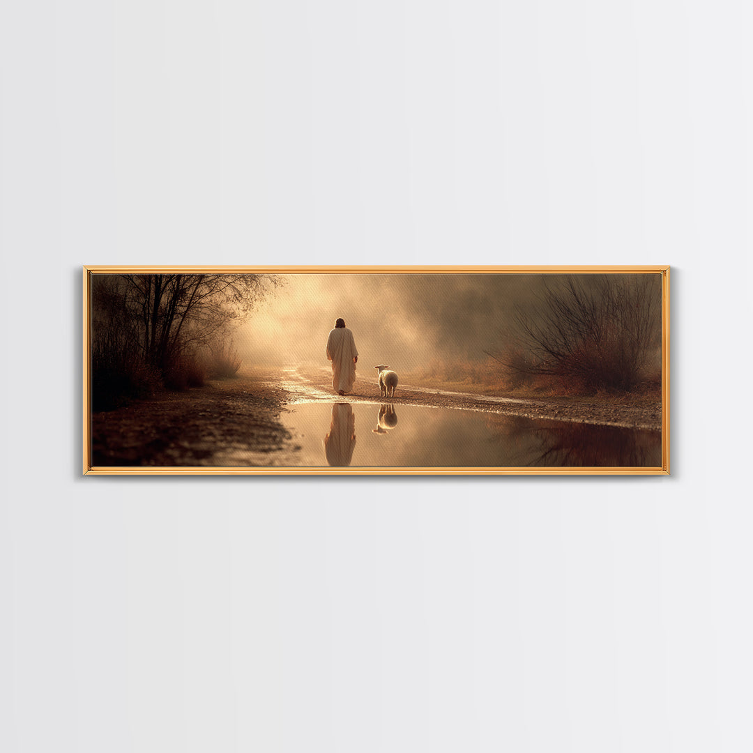 Golden Hour Shepherd, Framed Canvas Print, Christian Art Canvas, Panoramic Wall Art, Jesus Painting, Christian Christmas Art, Christian Gif